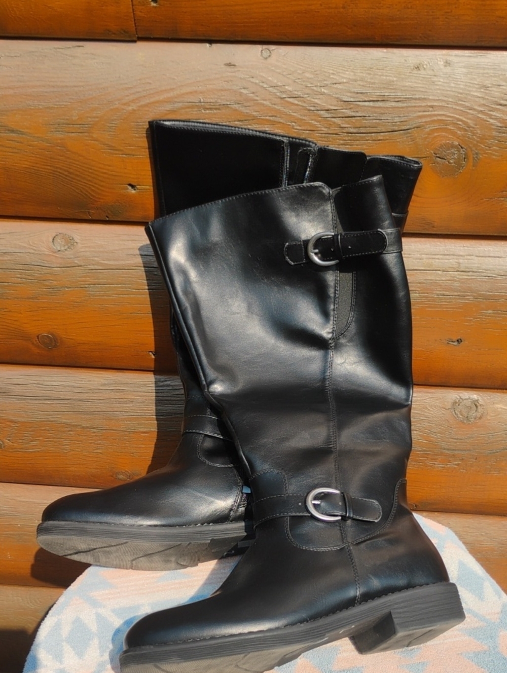 Equestrian 🐎 Luoika Black Boots Faux Leather Full Zipper Silver Buckle Sz 10XW